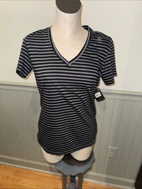 Reebok Women’s Black and Gray Striped V-Neck‎ Tee